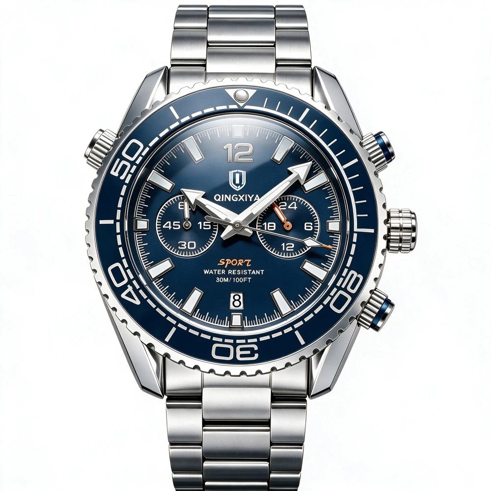 QINGXIYA Brand High Quality Quartz Watch for Men Luxury Stainless Steel Waterproof Luminous Calendar Chronograph Watches Mens