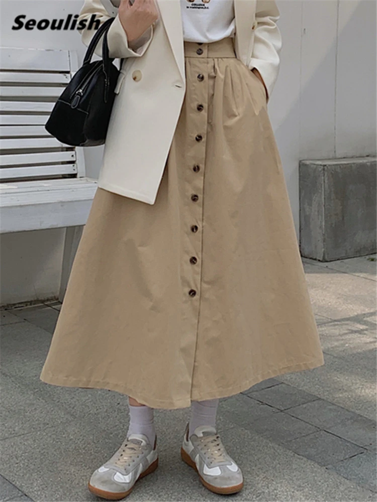 Seoulish 2022 New High Waist Cotton Women's Mi-long Skirts Spring Summer Minimalism Elegant Single Breasted Female Skirts