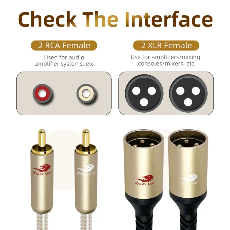 GOLLEY LION Upgrade Dual RCA to XLR Male Cable, 2 XLR to 2 RCA Phono Plug HiFi Stereo Audio Connection Microphone Cable Wire Cor