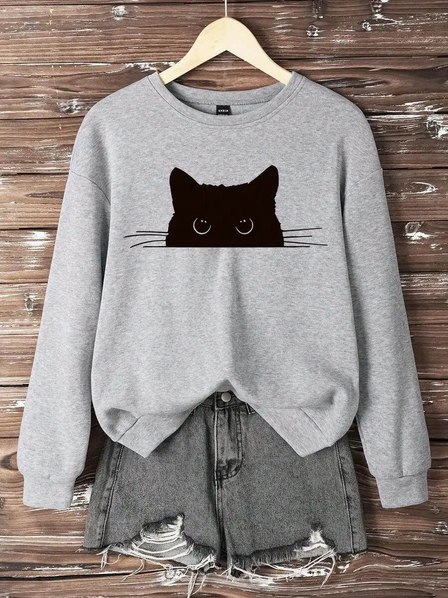 

Свободный свитшот с принтом мультяшного кота для женщин, повседневный пуловер на весну и осень