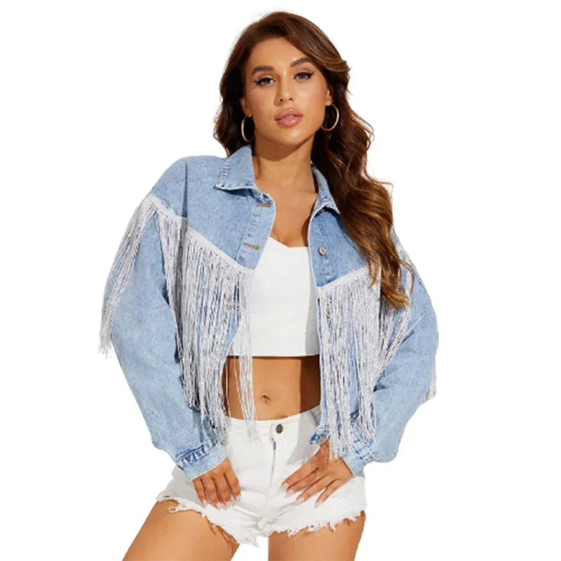

Fashion Tassel Splicing Denim Jacket Women's Lapel Long Sleeve Single-breasted Cardigan Short Coat Ladies Casual Blue Outerwear