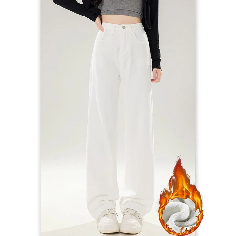 Winter Girls Classic High Waist Thermal Jeans Female Snow Warm Fleece Denim Pants Women Fashion Plush Straight Leg Trousers