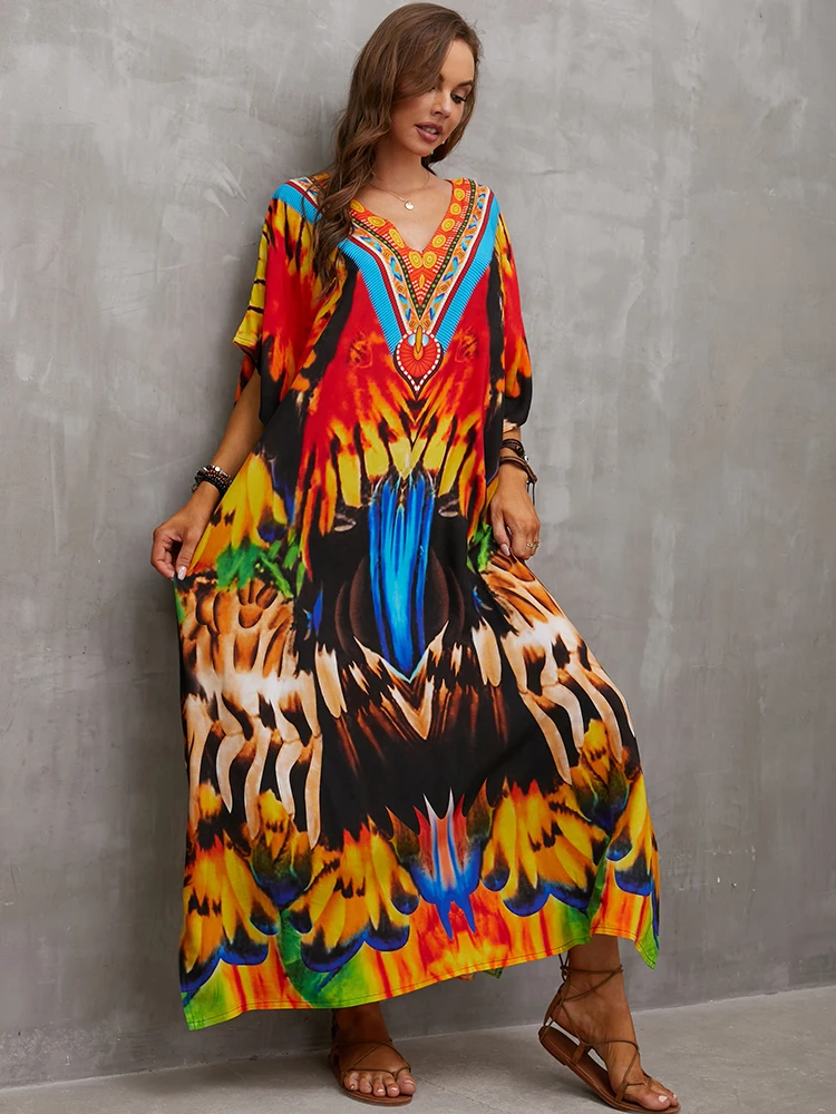 

New Beach Cover up Rayon Women Loose Maxi Dress Kaftan Tunic for Beach Robe Plage Sarong Beachwear Swimsuit Cover Up Pareos