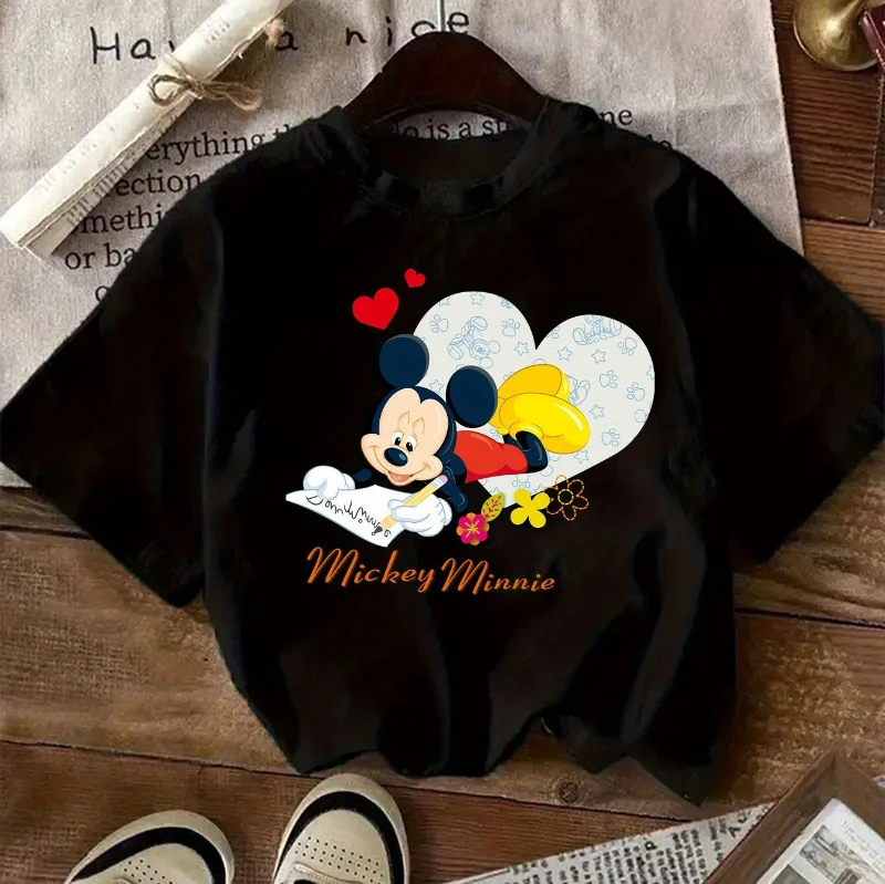 تي شيرت ديزني ميكي لوف فلاور كارتوني مطبوع، قميص كاجوال بأكمام قصيرة ورقبة دائرية، مناسب للصيف بأكمام قصيرة