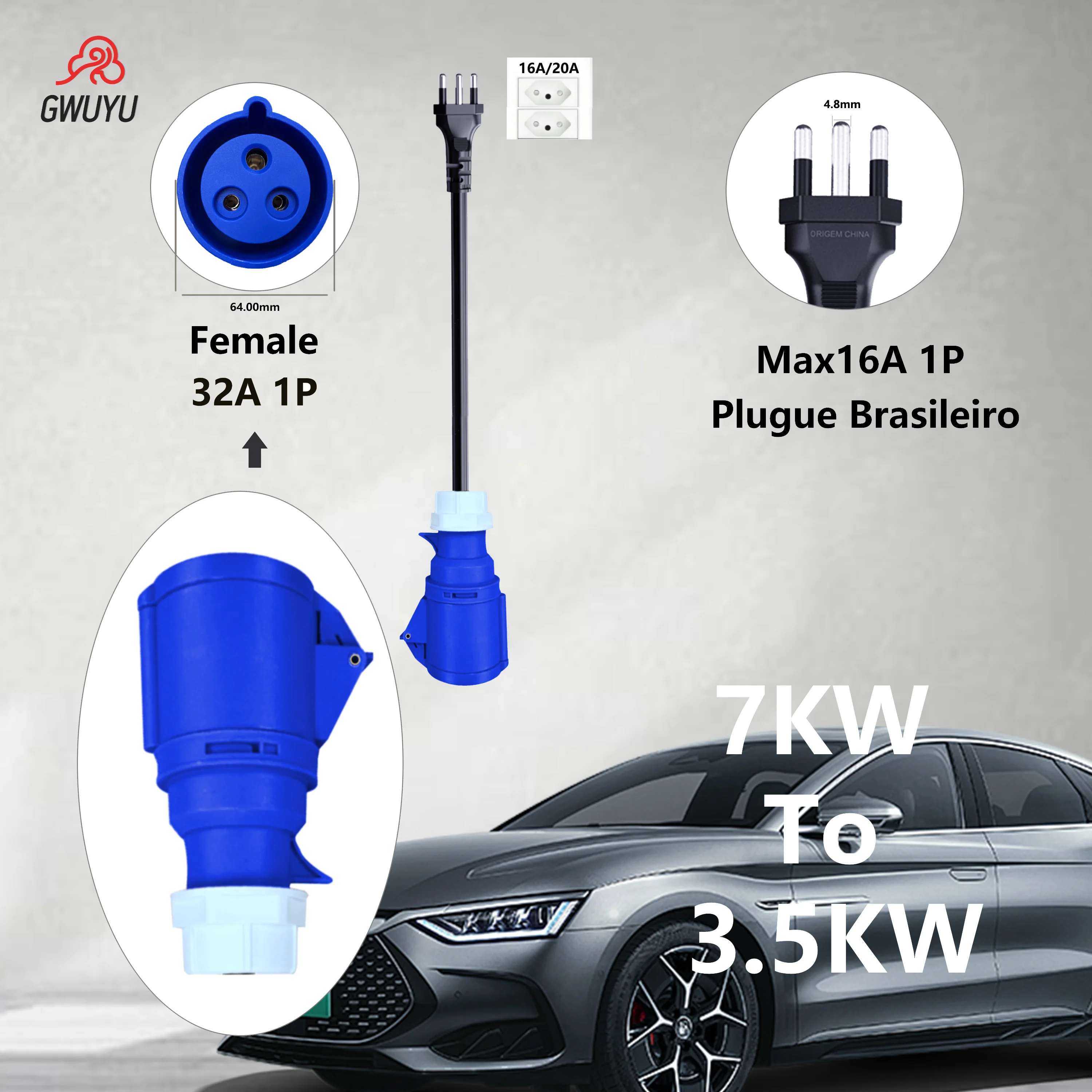 

GWUYU EV Charger Adapter 3 Pins Type 2 250V 32A 7KW CEE Female Socket To 3.5KW Brazil plug for Electric Vehicle Portable Charge