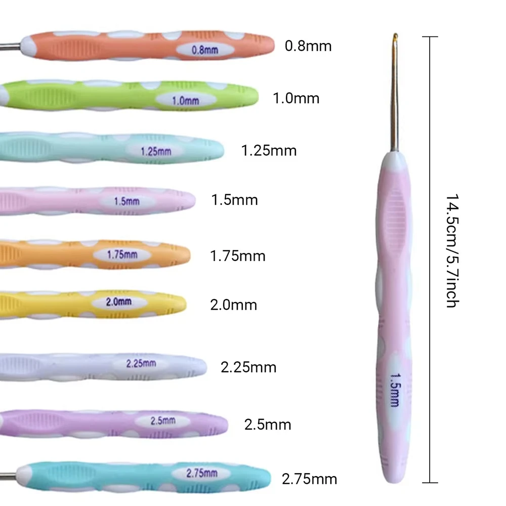 9pcs 0.8mm-2.75mm Small Size Crochet Hook Set Ergonomic Handle Crochet Hook Needles for Arthritic Hands