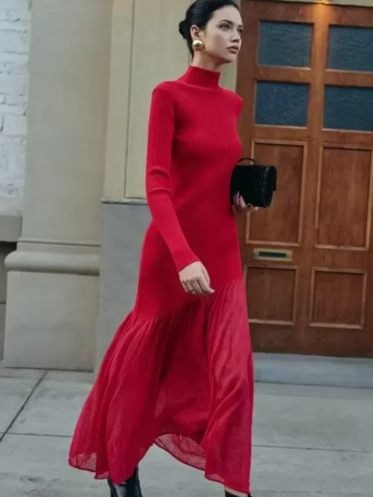 

Women's Casual Mesh Patchwork High Neck Dress Long Sleeve Cinched Waist Knitted Vestidos Spring Daily Gown