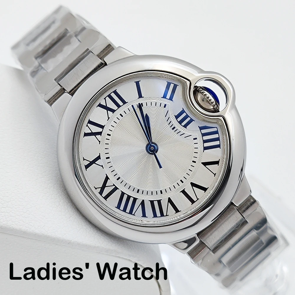 Orologio da donna da 33 mm, cassa curva convessa senza logo, quadrante romano, adatto per accessori per movimento automatico Cartier NH05 con palloncino blu