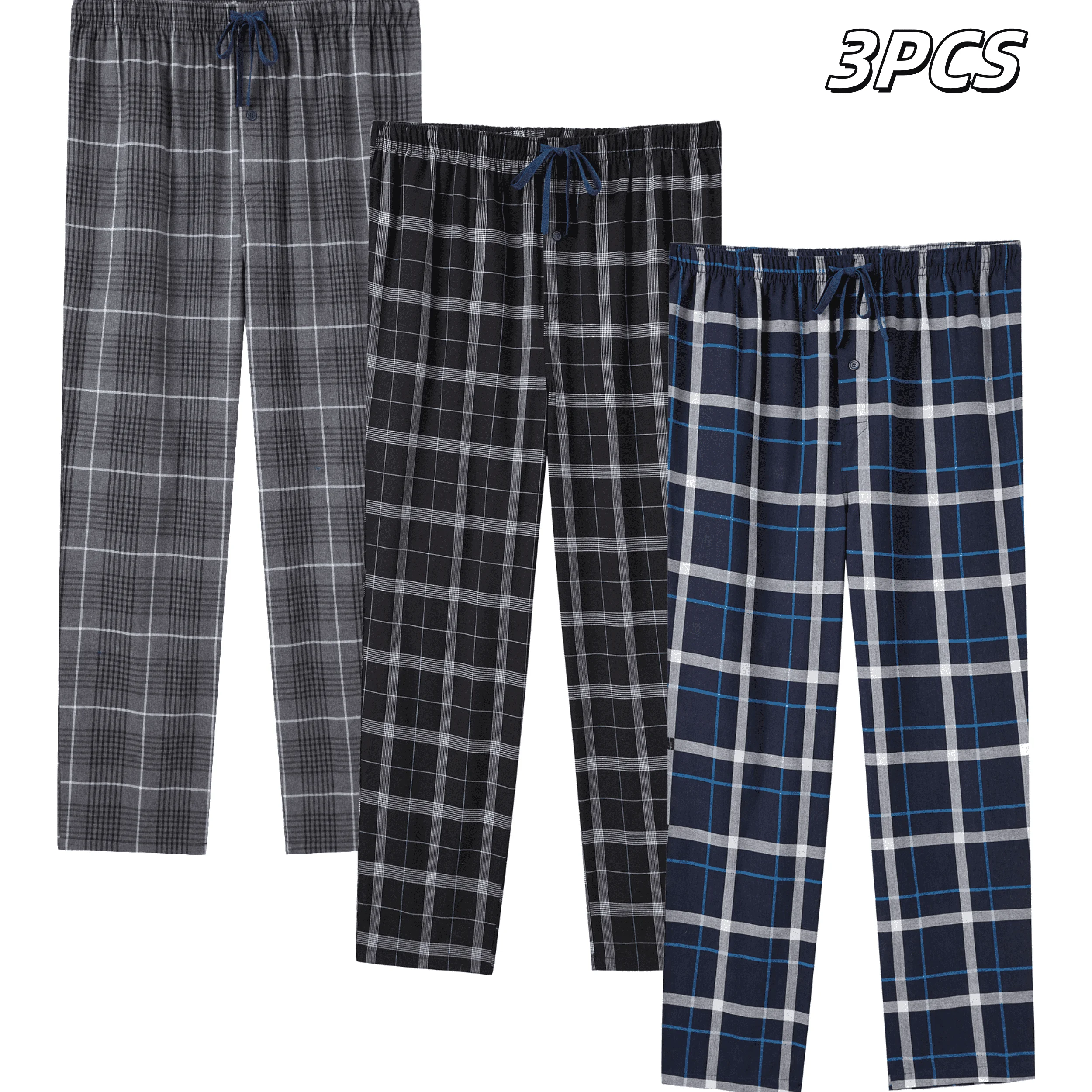 JupiterSecret 3pcs Men's Plaid Printed Pajama Pants with Pockets Loose Home Loungewear Sleep Bottoms All Season