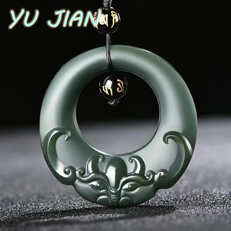 

Exquisite Hetian Cyan Jade Carving Double-Sided Beast Pendant Natural Jadeite Necklace Jewelry Men And Women With Chain