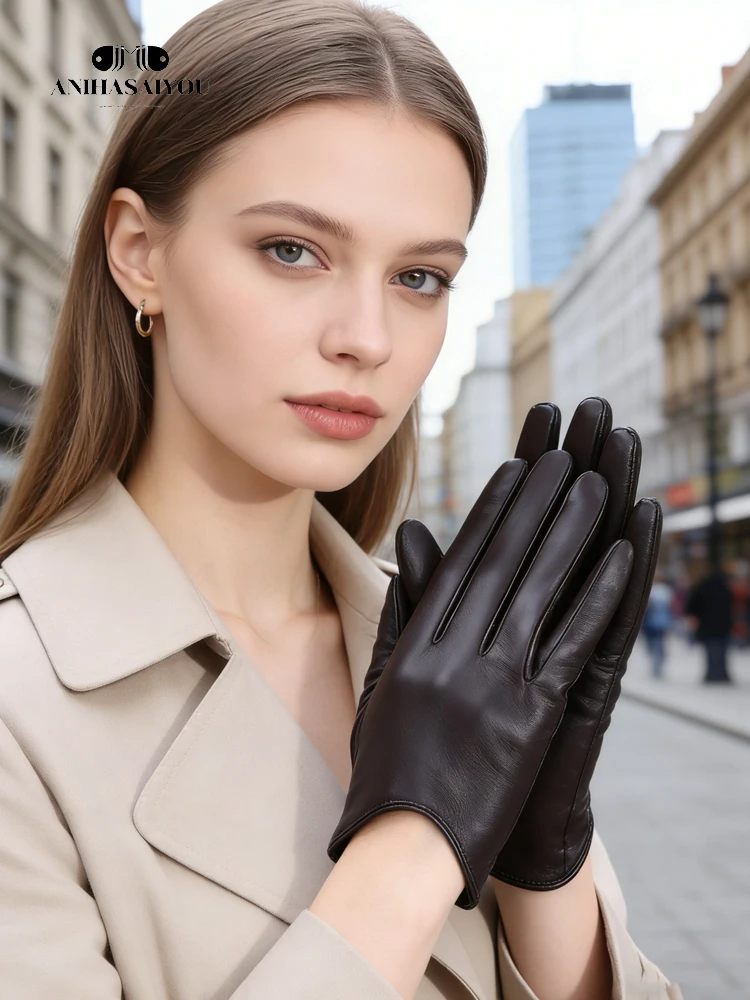 ファッションシープスキンの女性の手袋、駆動女性の革手袋、薄型タッチ手袋、保温女性の冬の手袋-2001