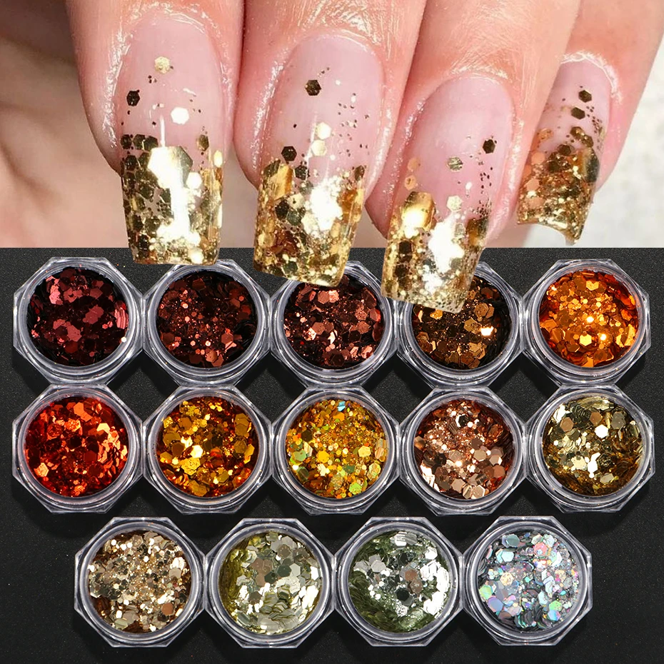 กลิตเตอร์ตกแต่งเล็บ 14 ชิ้น สีแดง ทอง เงิน โฮโลแกรม แบบ 3 มิติ รูปทรงหกเหลี่ยม ประกายวิ้ง แบบเมอร์เมด สำหรับตกแต่งเล็บ