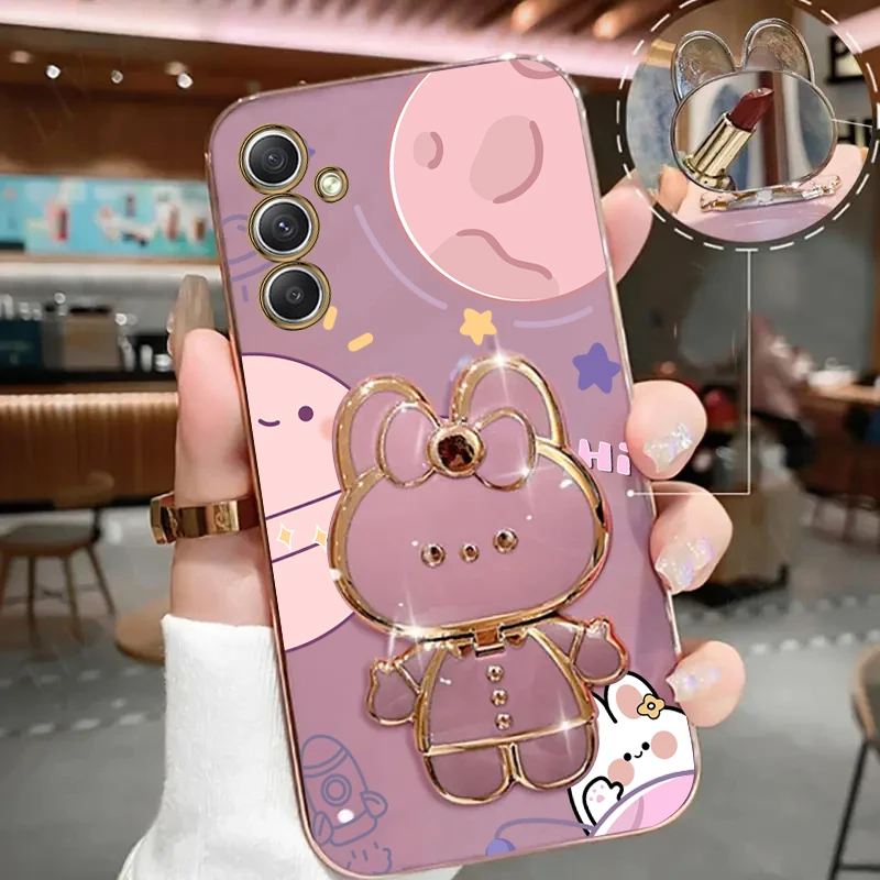 Planet Mirror Rabbit Phone Holder Case On For Samsung Galaxy M23 M22 M32 M11 M14 M42 M31 M30S M33 M53 M51 M52 M54 4G 5G Cover