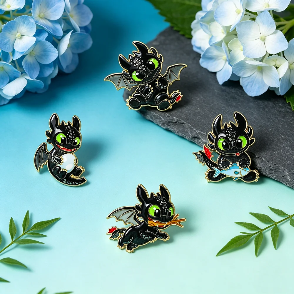 4Pcs Cartoon Black Dragon Enamel Pin Set Cute Dragon Lapel Brooches for Clothing Backpack Decor Anime Fans Gift