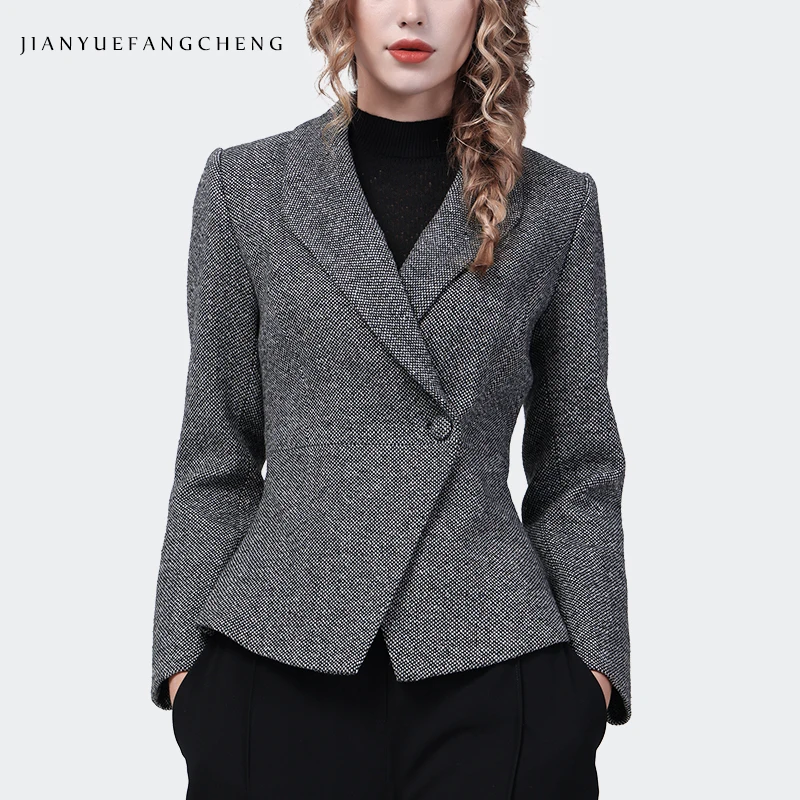 Chaqueta de lana gris para mujer, traje elegante con cuello, Chaqueta corta adelgazante para otoño e invierno, abrigo de trabajo a la moda para