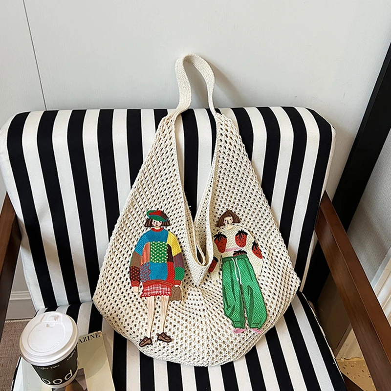 Gestrickte Schultertasche mit Großer Kapazität, Häkeldesign-Tragetasche im Bohemian-Stil, Bestickte Webtasche, Lässige Durchbrochene Handtasche