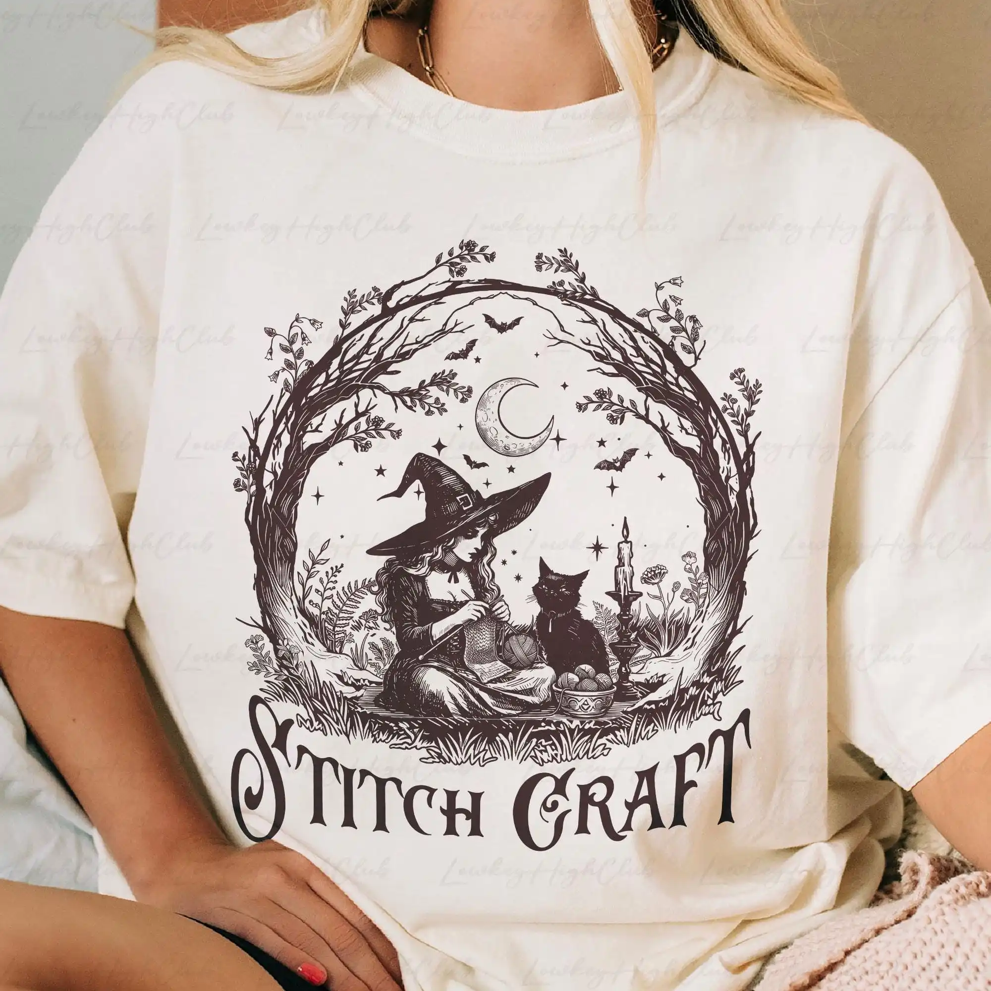 Cat Craft Witch Shirt, Black Cat Knitting Tee, Witchy Yarn Halloween Shirt, Spooky Crochet Shirt, Knitter  Gift Idea