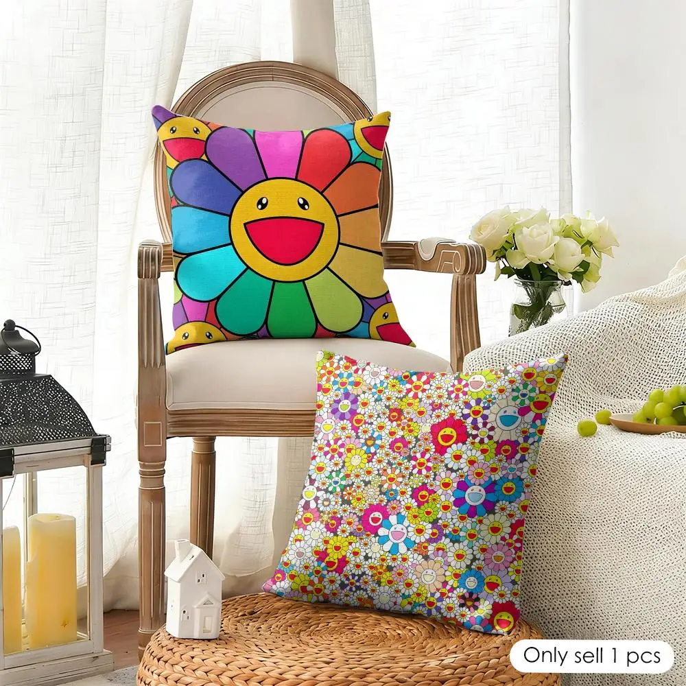 Pop Aesthetics T-Takashi-M-Murakami Cushion Cover Organic Linen Square Pillow Case Durable Non-Allergenic And Kind To Skin
