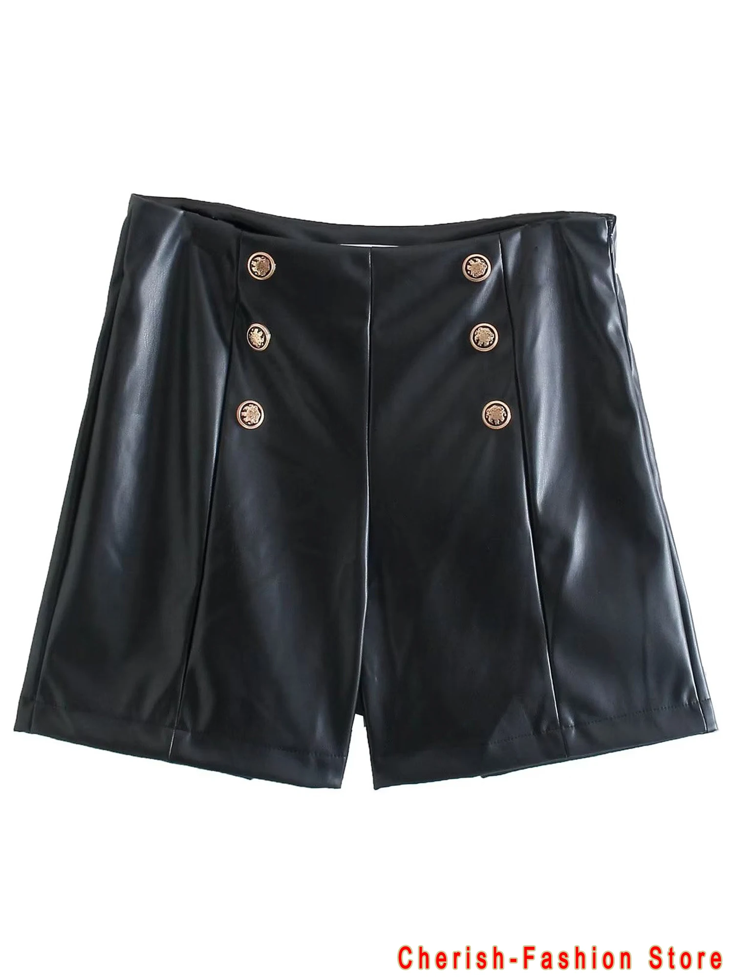 Short en Faux cuir Chic pour femmes, poches latérales, Vintage, taille haute, fermeture éclair, mouche, pantalon court, bouton décoratif