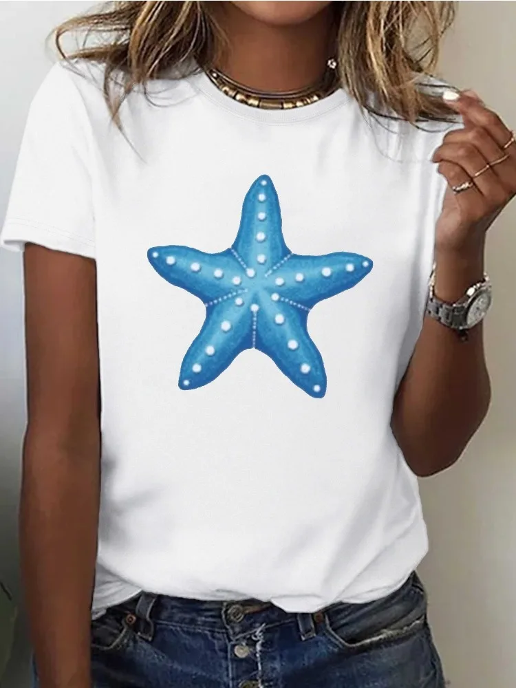 

Womens Casual Short-Sleeve T-Shirt Bright Red with Blue Watercolor Starfish Design Cotton Crew Neck Comfortable and Cute T-Shirt