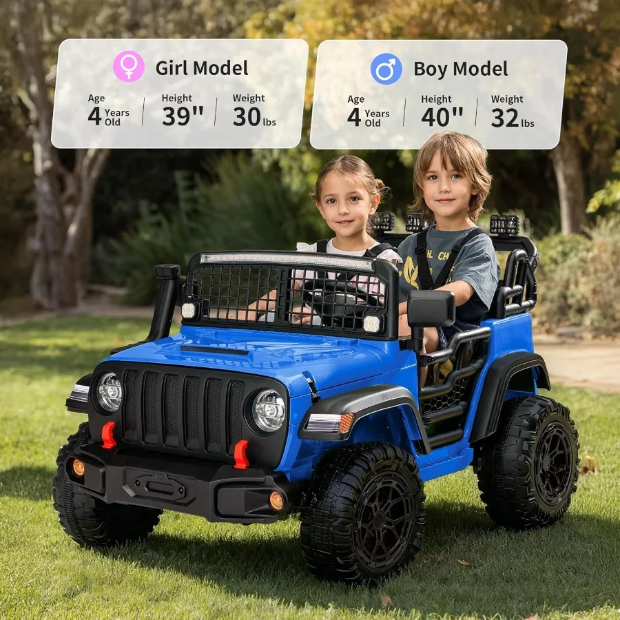 2人乗り乗用玩具車 12V電動カー 4～8歳向け リモコン付き 耐荷重110ポンド LEDライト - ブルー