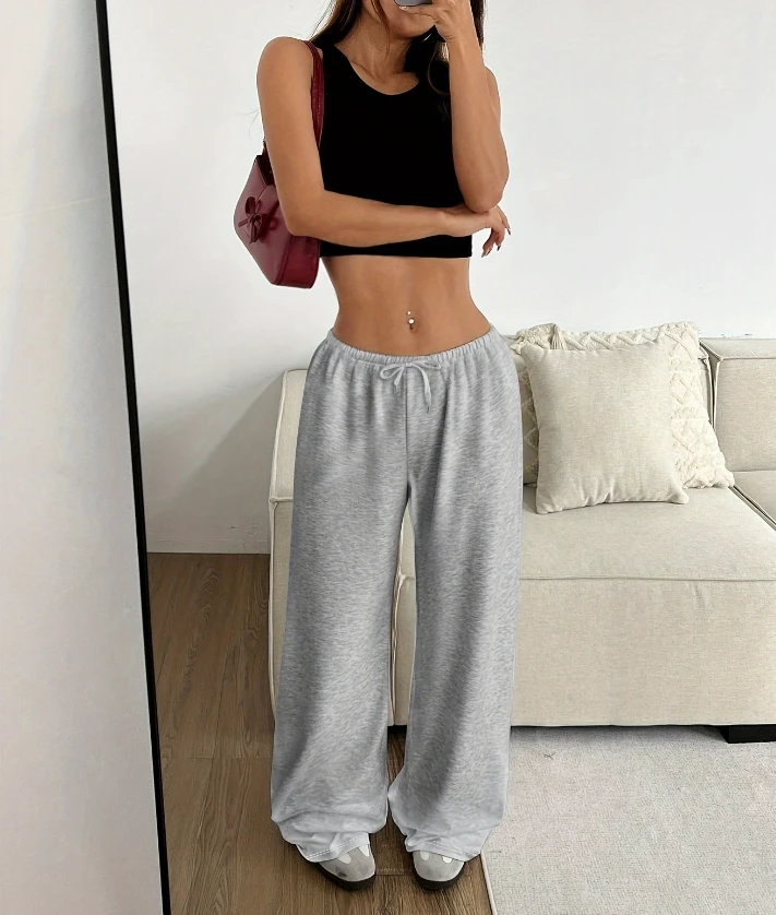 

Women's Pants Solid Color Pants with Elastic Waistband and Wide Leg Casual Pants Fashionable Loose Simple and Personalized Pants