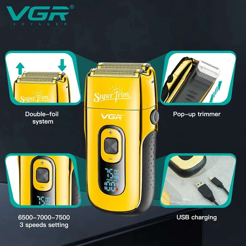 VGR 3-Speed Rechargeable Beard Electric Shaver For Men Hair Razor Bald Head Fade Shaving Machine Finishing Tool With Extra Mesh