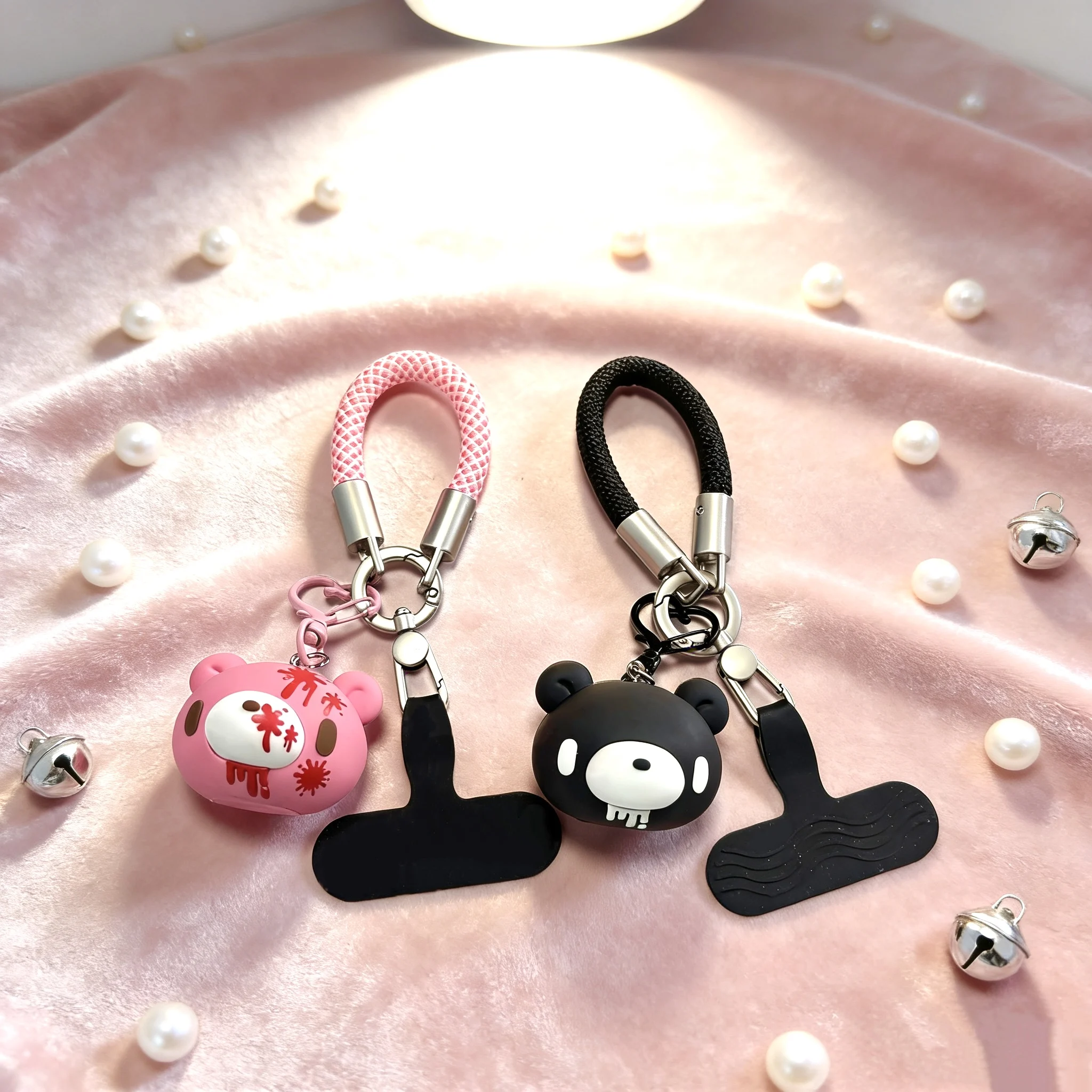 

3D Cute Bear Gothic Phone Wrist Strap Detachable Anti Lost Keychain with Patch for Women Girls Daily Accessory