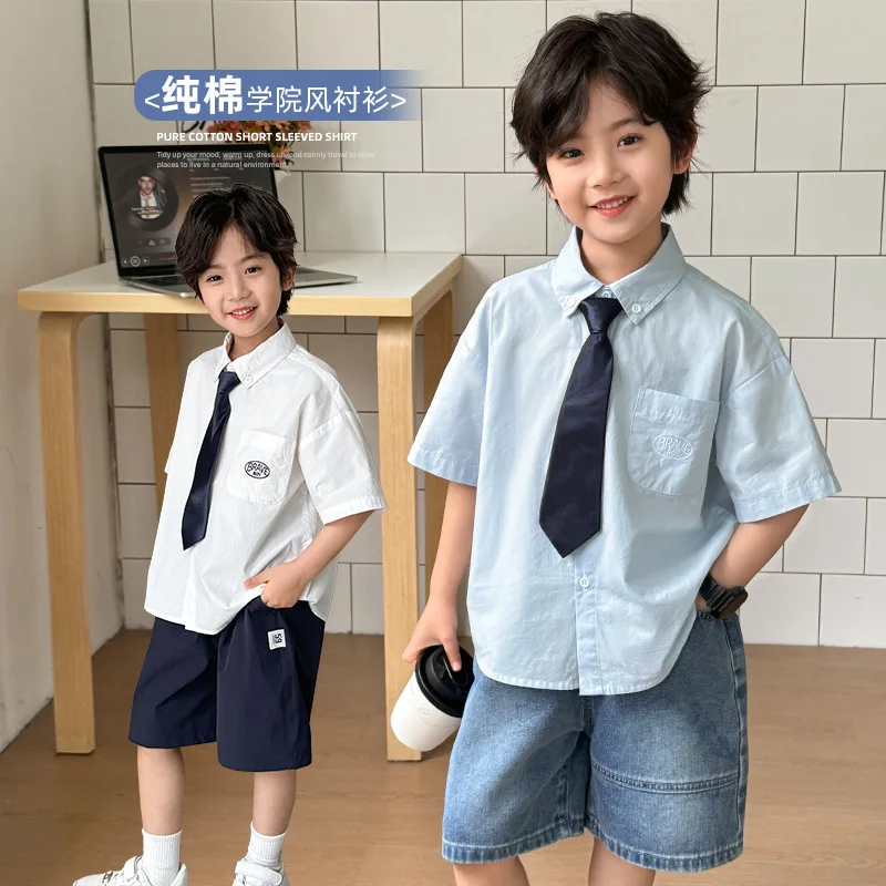Children's clothing summer new boys pure cotton shirt college style shirt short sleeve summer clothing children's thin