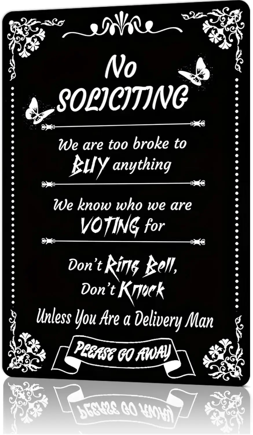 Humorous No Soliciting Yard Sign-FunnyWe Are Too Broke To Buy Anything-Metal Sign Poster Wall Art Decor for Front Door To Discou
