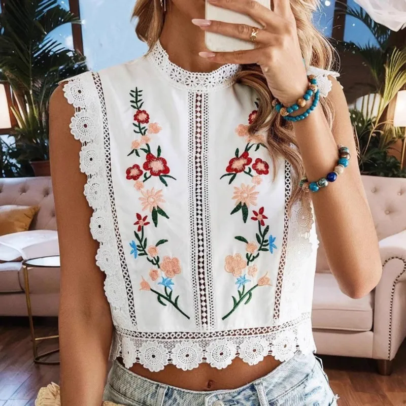 Camisa de gasa de verano para mujer, blusas tipo jersey, camiseta hueca sin mangas con cuello redondo y planta bordada de encaje a la moda, ropa para mujer