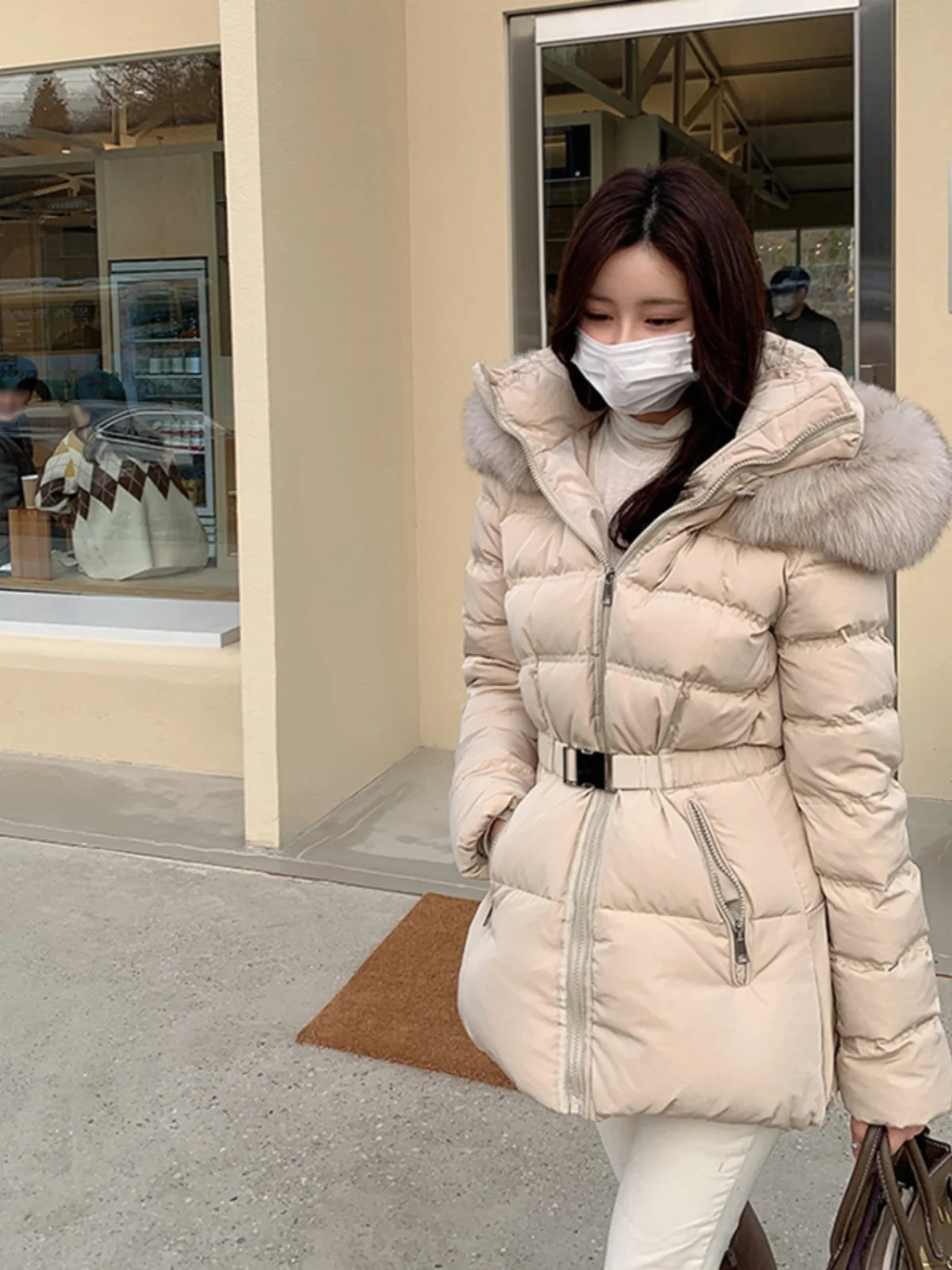 Koreaanse Sle Dames Gewatteerde Jaet Grote Bontkraag Wit Du Down Halflange Afslankende Warme Jas Ritssluiting Thiened