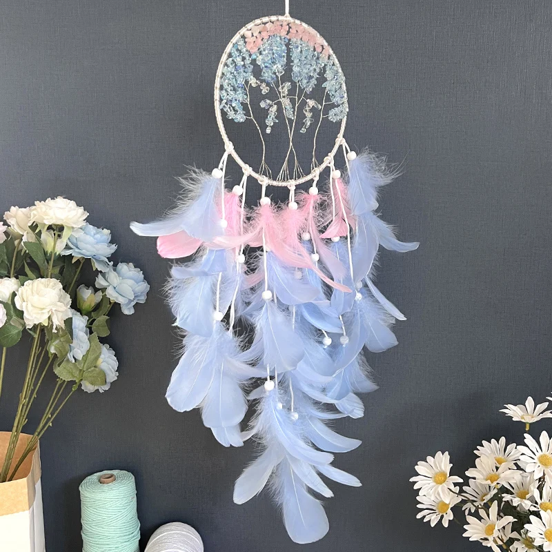 Dream Catcher Crystal Tree Of Life Blue Feathers Wind Chimes Bedroom Hanging Ornaments Birthday Festival Gifts Home Decorations
