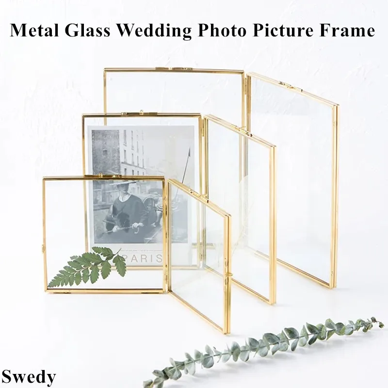 6 Inch Double Pages Acrylic Sign Holder Display Stand High Definition Folding Glass Metal Wedding Picture Photo Frame