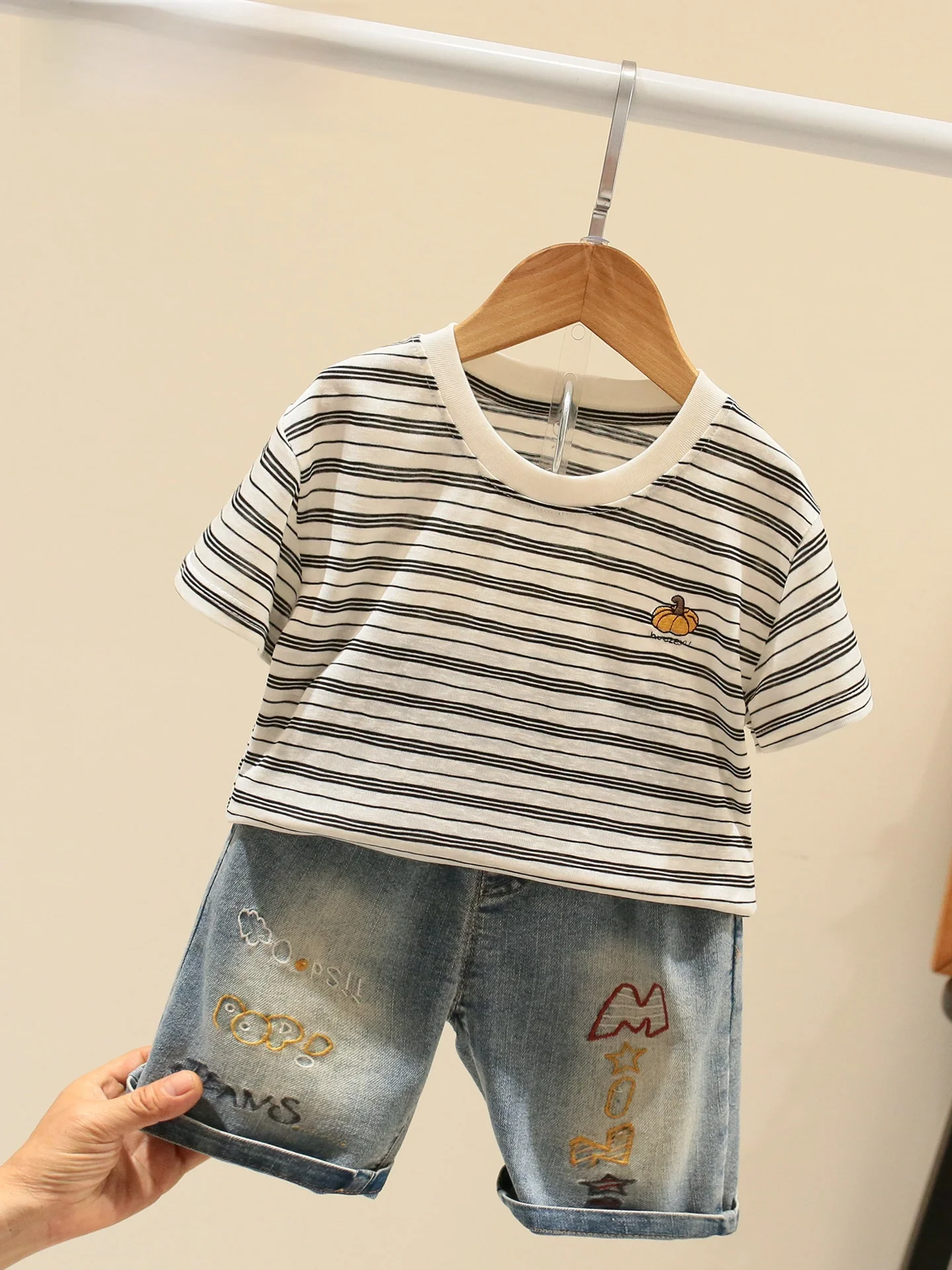 la-chapelle-children's-summer-outfit-boys'-casual-two-piece-set-short-sleeve-denim-pants-breathable-moisture-wicking-cool-sen