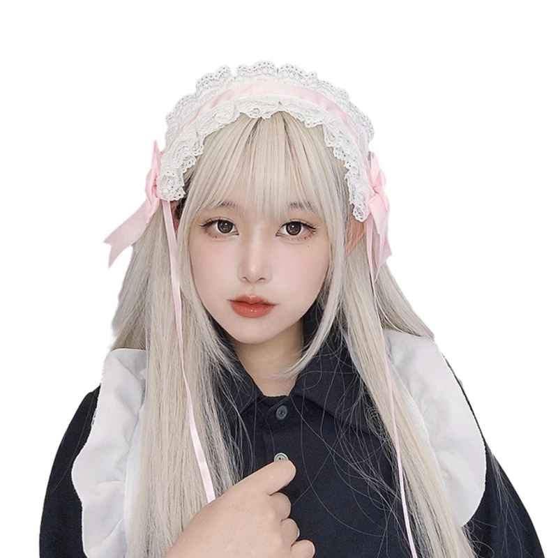 Women Multilayered Lace Headdress with Bow Lovely Lace Delicate Headband Cosplay Nurse Hair Clip Photo Props image 5