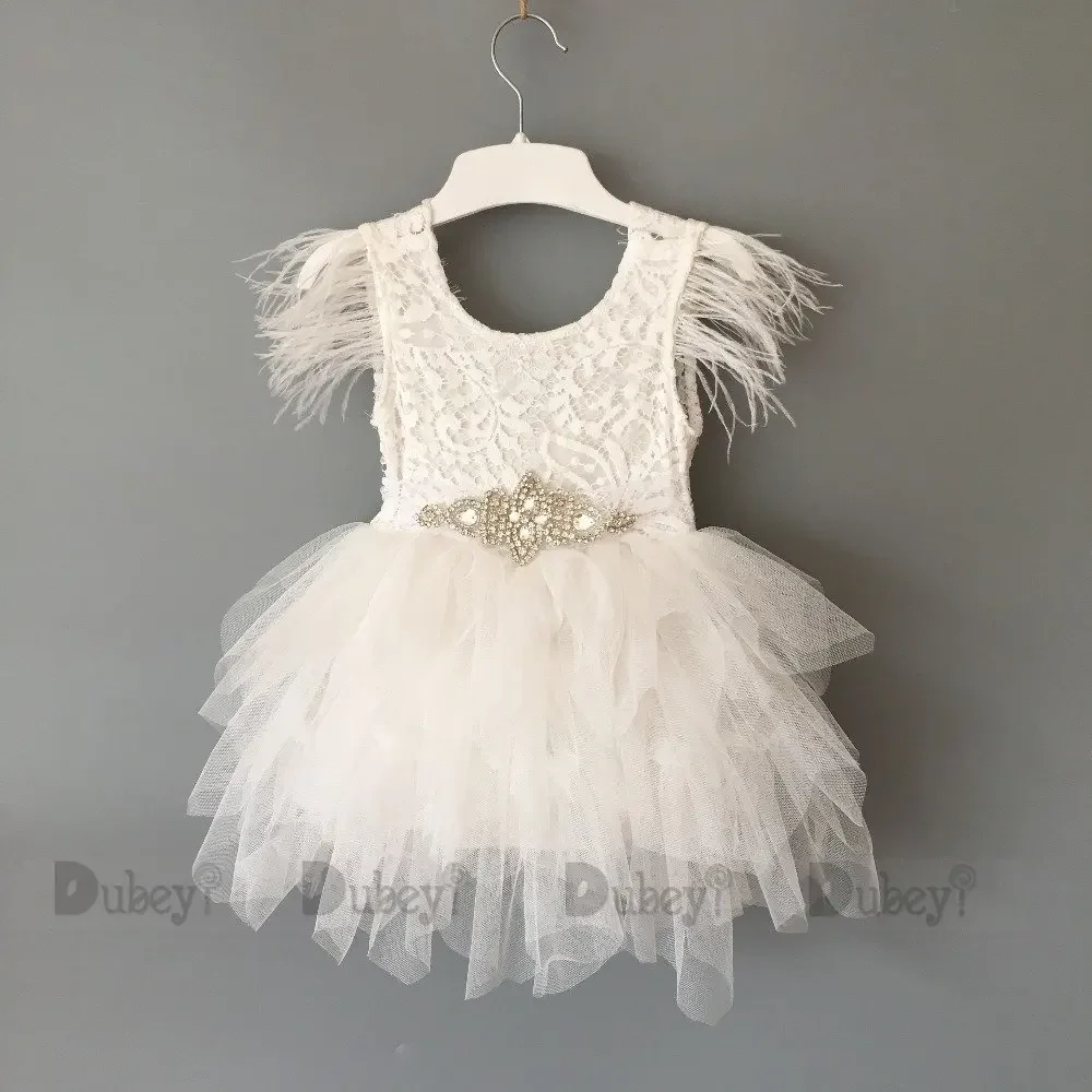 

Princess Baby Feather Dress First Birthday Party Toddler Girl Lace Flutter Sleeve Summer Dress Kids Ballet Tutu Skirt With Belt