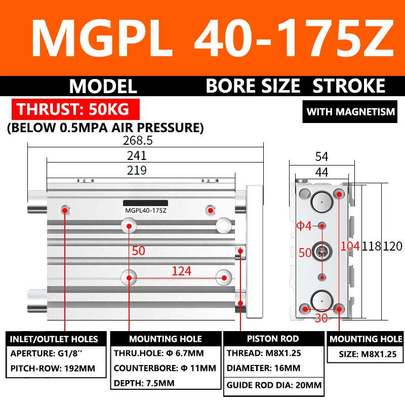 ABILKEEN MGPL40-175Z MGPL Three Axis Pneumatic Compact Guide Cylinder 40MM Bore X 175MM Stroke Three Axis Three Rod Air Cylinder