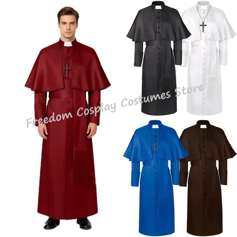 

Men Woman Medieval solid colour godfather priest cos costume Halloween Pope cosplay costume Mass Missionary Robe Clergy Cassock