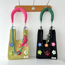 Cute Colorful Little Flower Knitted Bag Tote Bag Simple Knitted Woolen Handbag Korean Bag Bucket Shoulder Crossbody Bag