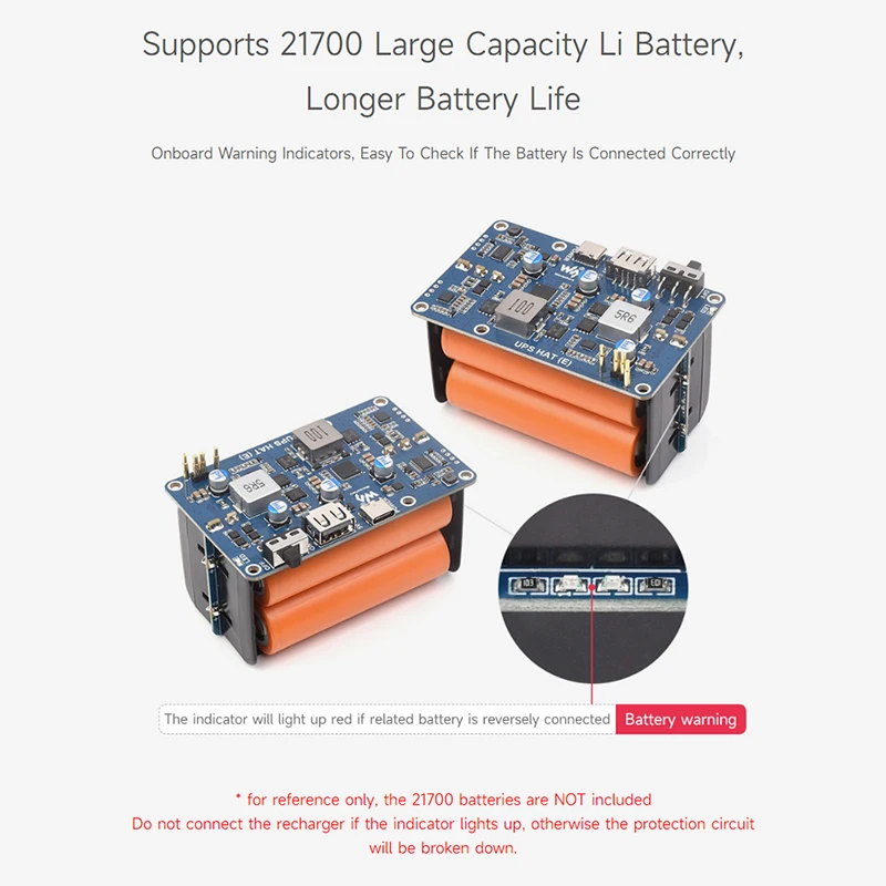 Raspberry Pi 5 UPS HAT (E) 5V 6A Output Type-C Bi-Directional Fast Charging Uninterruptible Power Supply for 21700 Li Batteries