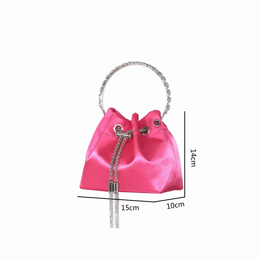 Luxury Satin Drawstring Bucket Bag Rhinestone Circle Handle Tassel Chain Crossbody Bag For Women Wedding Party Evening Handbag