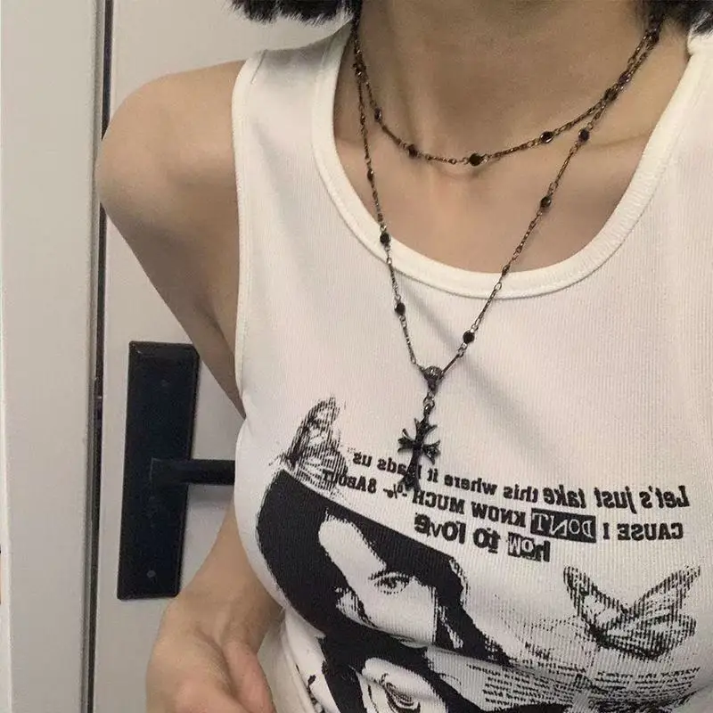 

Vintage Cross Beads Choker Necklace For Women Fashion Double Layered Neck Chain Versatile Hip Pop Girl Collar Chain Jewelry Gift