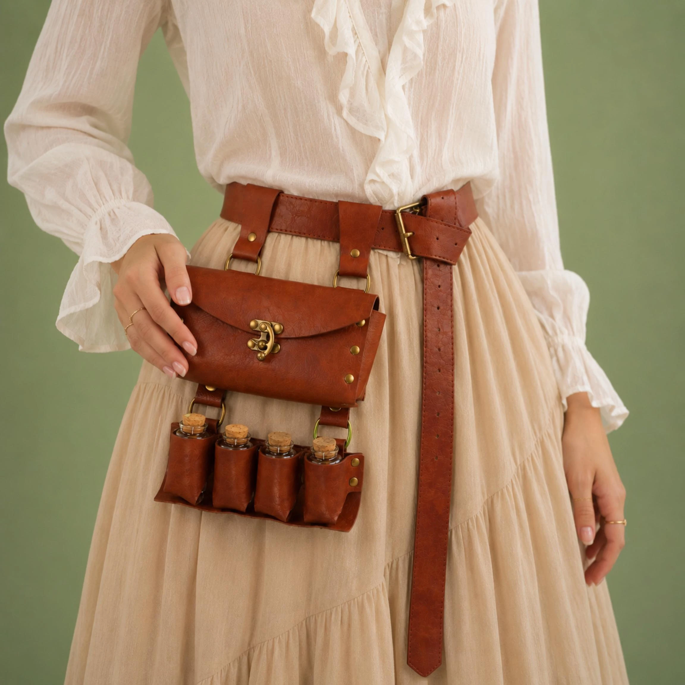 Medieval Festival Costume Accessories PU Leather Belt Waist Bag with Small Cork Potion Bottles Viking Style Cosplay Props for Halloween LARP Renaissance Fairs