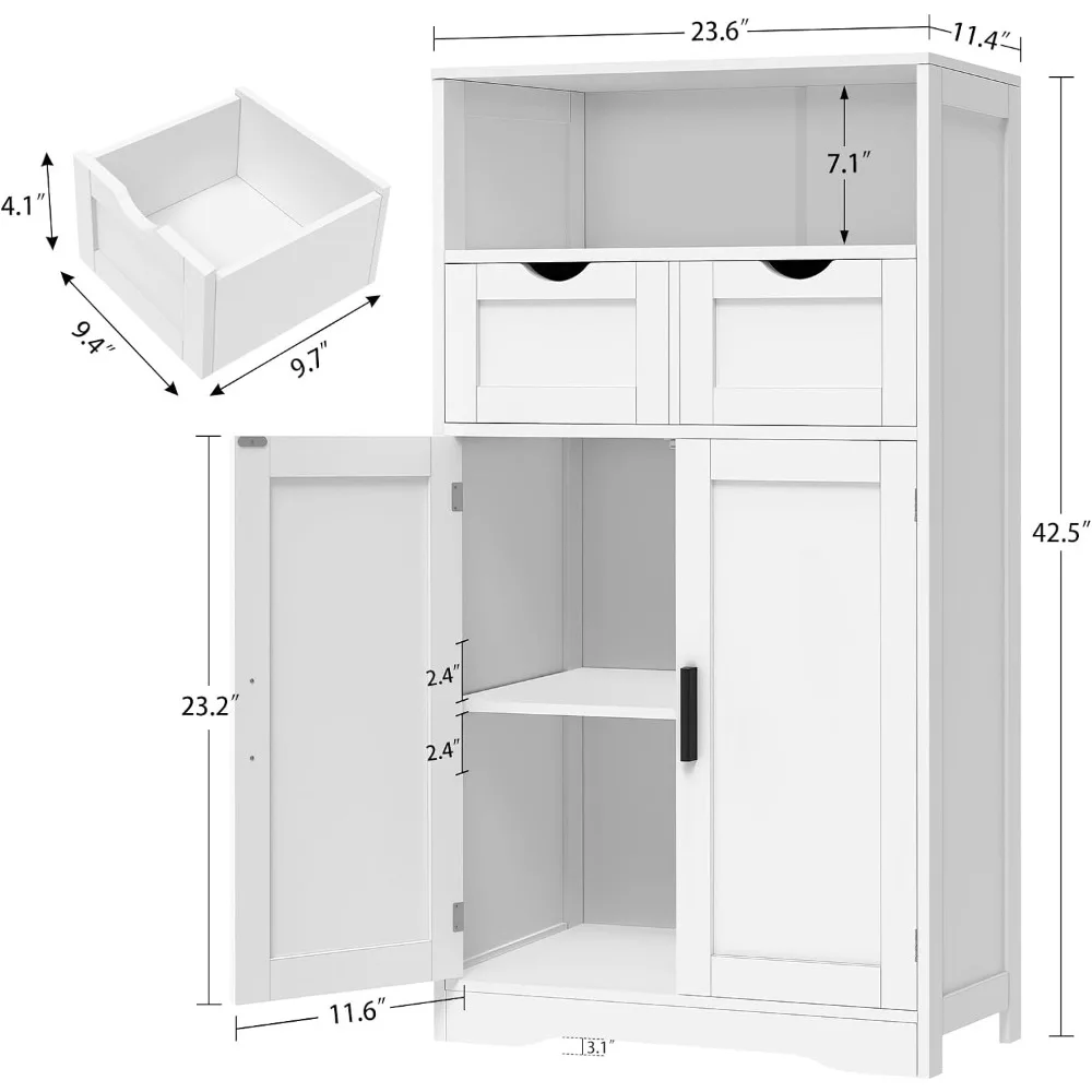 Iwell Storage Cabinet, Bathroom Cabinet with 2 Drawers & Adjustable Shelves, Bathroom Storage Cabinet with Doors for Living Room