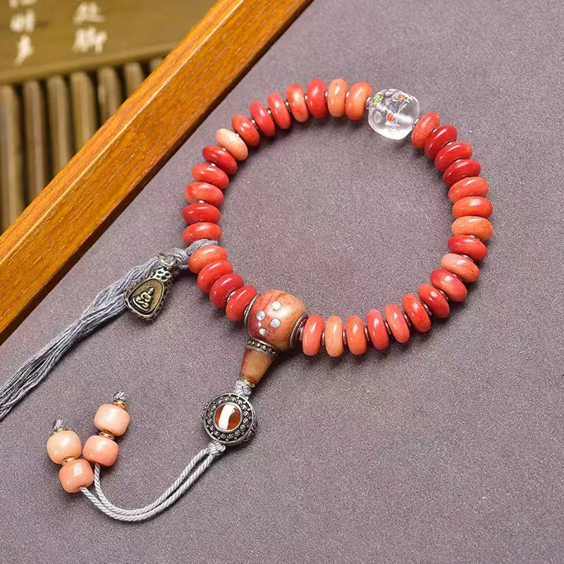 

Natural Full-Blood Camel Bone Medicine Bead Bracelet Single-Strand Tibetan-Style Recycled Bone Agate and Clear Quartz Bracelet