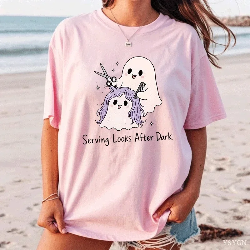 Serving Looks After Dark T Shirt Ghost Hairstylist Tee Halloween Hairdresser T-Shirt Spooky T-Shirts Vintage Clothing