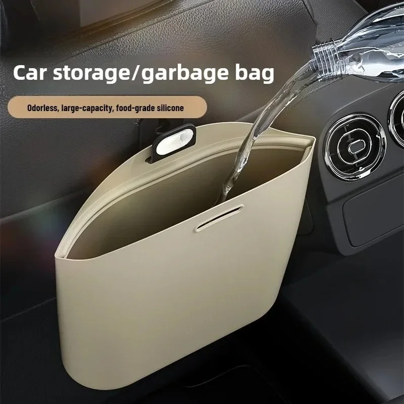 

Portable Hanging Car Silicone Trash Can Foldable Wet Dry Garbage Bag Universal Auto Seat Back Storage Bin Space Saver