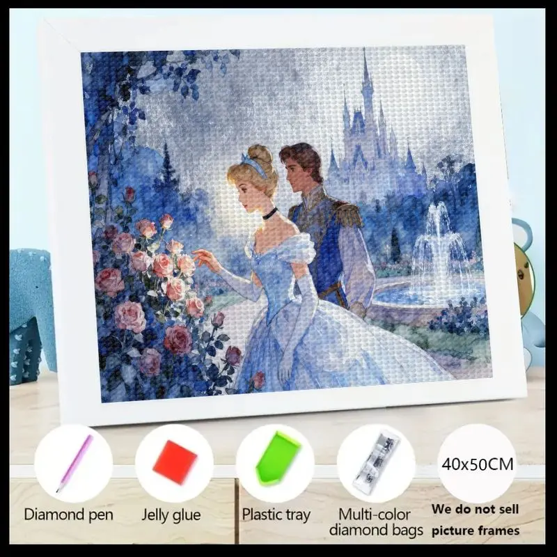 

1PC Enchanting Fairy Tale Diamond Painting Kit, 5D Full Drill DIY Romantic Cinderella and Prince Charming with Castle & Rose Gar