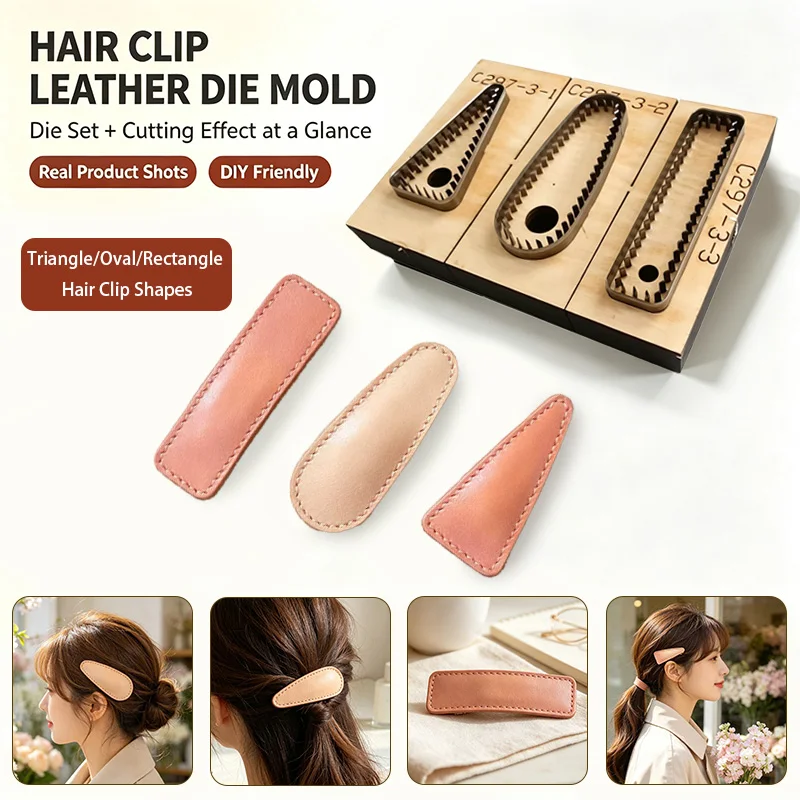 C397 Ensemble de matrices de découpe en cuir, formes triangle, ovale, rectangle, pour artisanat DIY, épingle à cheveux, moule artisanal en acier à haute teneur en carbone pour accessoires de tête en cuir.